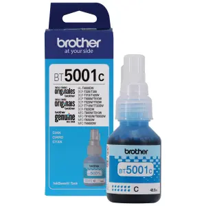 caja y botella Tinta Brother BT5001c cian