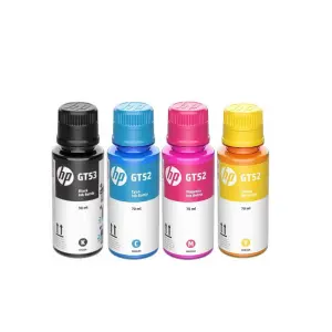 Pack de tintas HP GT53 negro y HP GT52 colores (CMY), compatible con impresoras HP Smart Tank, ideal para impresiones de alto rendimiento y calidad.