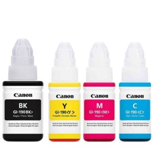 Pack Canon GI-190 BK/C/M/Y original para impresoras PIXMA G, con cuatro botellas de tinta de alto rendimiento.