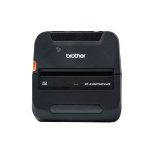 Impresora térmica portátil Brother RJ-4250WB negra, con conectividad WiFi y Bluetooth.