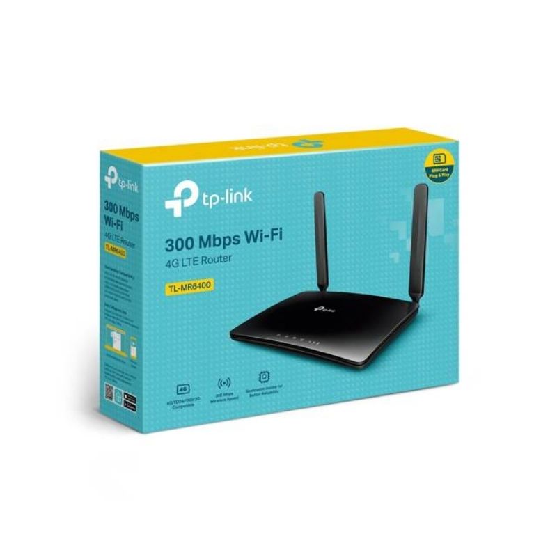 router TP-Link TL-MR6400 4G LTE WiFi inalámbrico con antenas externas.