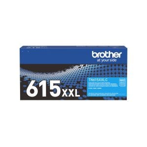 Cartucho de tóner original Brother TN615XXLC color cian de super alto rendimiento para 6.500 páginas profesionales.