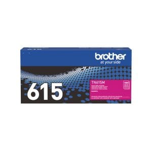 Cartucho de tóner original Brother TN615M color magenta con rendimiento de 1.800 páginas.