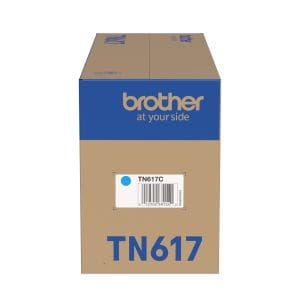 Cartucho de tóner original Brother TN617C color cian de ultra alto rendimiento para 10.000 páginas.