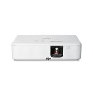 Proyector portátil Epson CO-W01 de color blanco, diseño compacto y tecnología 3LCD para oficina y hogar.