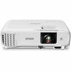 Proyector portátil Epson PowerLite E24 de color blanco, diseñado con tecnología 3LCD para presentaciones en aulas y oficinas.