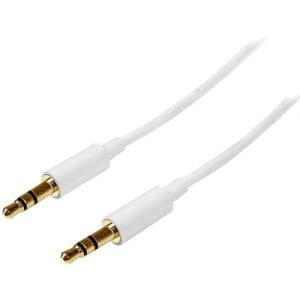Adaptador audio mini-jack 3.5mm macho a RCA hembra blanco estéreo.