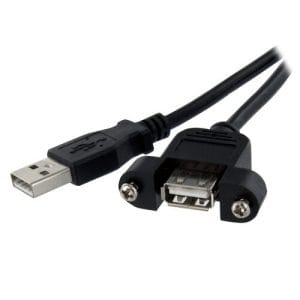 Cable USB panel mount macho/hembra de 30 cm color negro con conectores USB-A industrial.