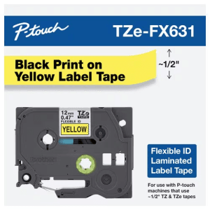 Casete de cinta original Brother TZe-FX631 de 12mm amarillo flexible para etiquetado de cables y superficies curvas.