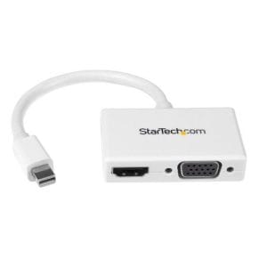 Adaptador Mini DP blanco cables HDMI VGA integrados audio/video 1080p.