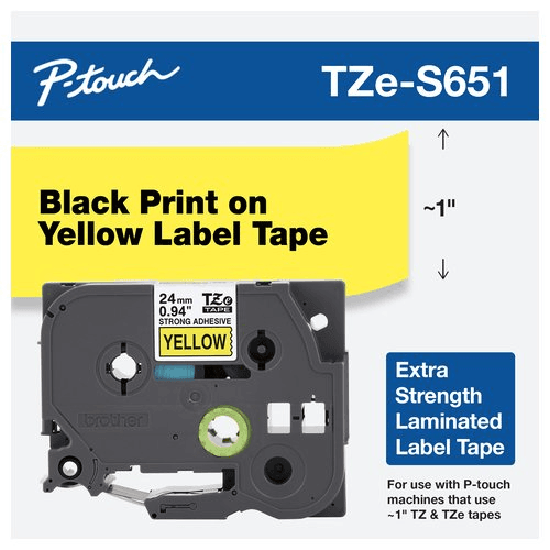 Cinta para etiquetas Brother P-touch TZe-S651 Negro sobre Amarillo 24mm laminada súper adhesiva original.