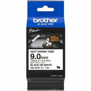 Cartucho de tubo termorretráctil Brother HSE221E negro sobre blanco de 9mm para etiquetado de cables.