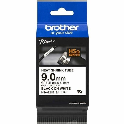 Cartucho de tubo termorretráctil Brother HSE221E negro sobre blanco de 9mm para etiquetado de cables.