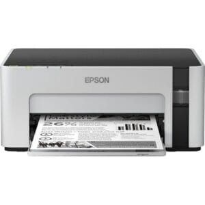 Impresora monocromática inalámbrica Epson EcoTank M1120 original con sistema de tanque de tinta continuo frontal.