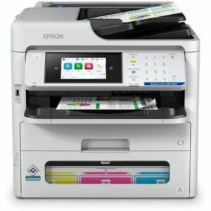 Impresora de inyección de tinta multifunción Epson WorkForce Pro WF-C5891 original inalámbrica con pantalla táctil y bandejas de papel expandibles.