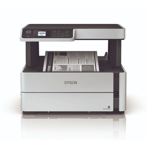 Impresora monocromática multifuncional Epson EcoTank ET-M2170 original con sistema continuo frontal de tanques de tinta e impresión dúplex automática.